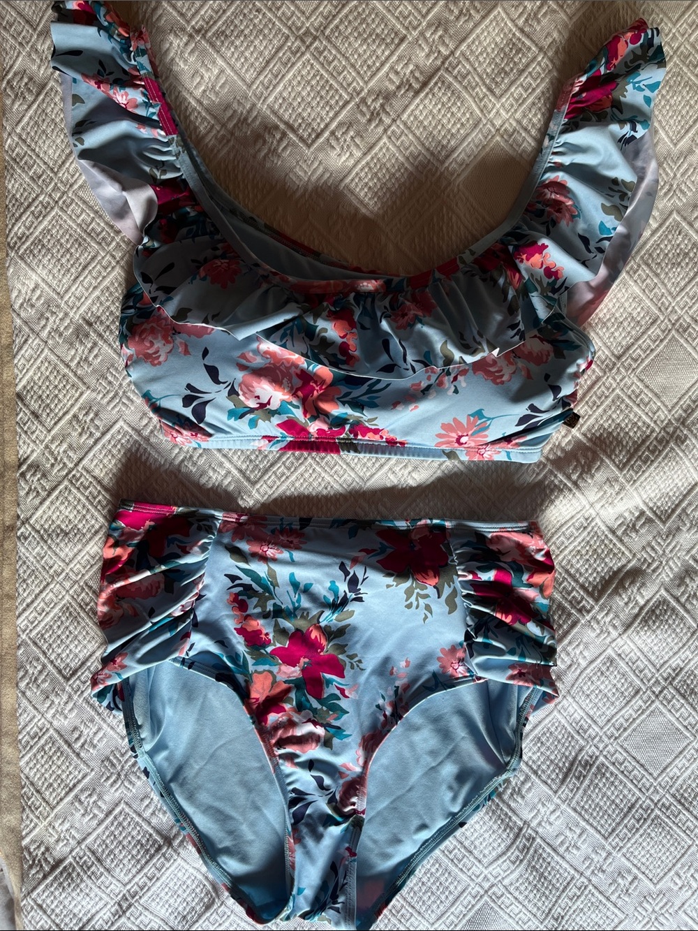 Aqua from La Vie en Rose Floral Ruffle Bikini Set - Light Blue with Pink Flowers